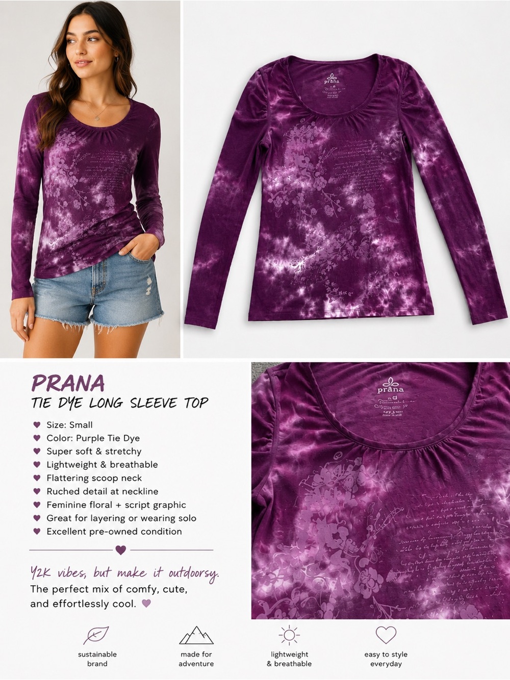 Earth Yoga Purple Tie-Dye Long Sleeve Top | Organic Cotton Bamboo Blend | Size S